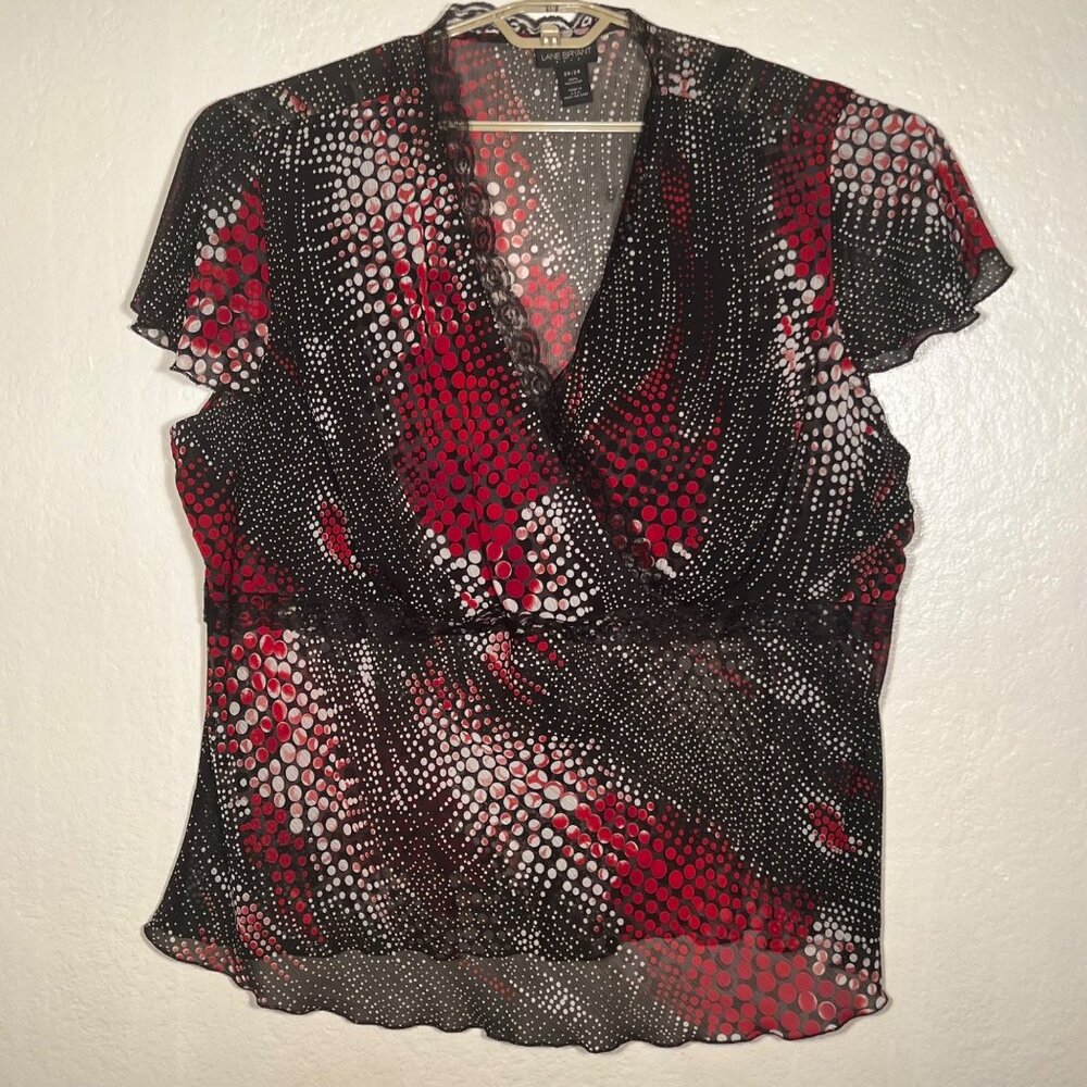 VTG Lane Bryant Plus 26/28 Red Black Polka Dot V-Neck Sheer Blouse Baby Doll Y2K